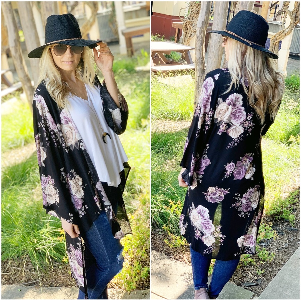 Black floral tie front kimono